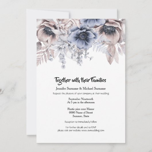 Dusky blue roze bos roos anemone chic kaart (Voorkant)