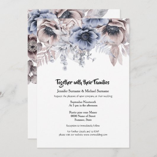 Dusky blue roze bos roos anemone chic kaart (Voorkant / Achterkant)