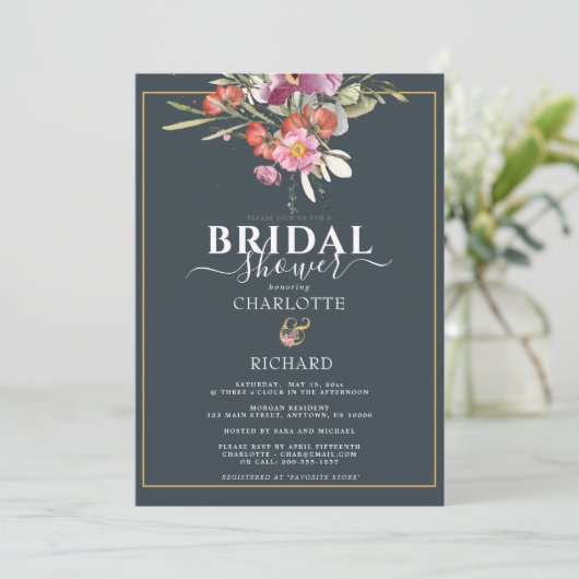 Dusky Blue, roze Floral Gold Vrijgezellenfeest Kaart (Staand voorkant)