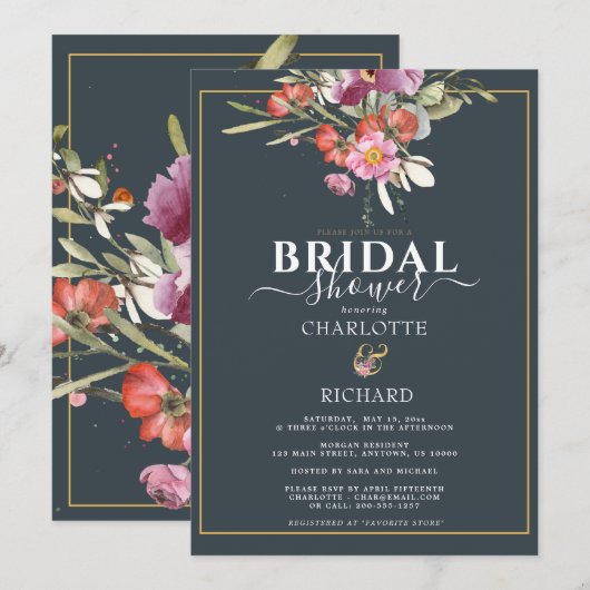 Dusky Blue, roze Floral Gold Vrijgezellenfeest Kaart (Voorkant / Achterkant)