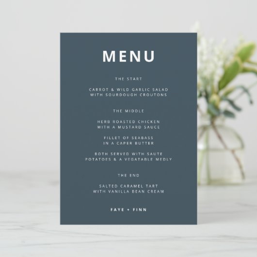Dusky Blue | Scandinavische minimalistische bruilo Menu (Staand voorkant)