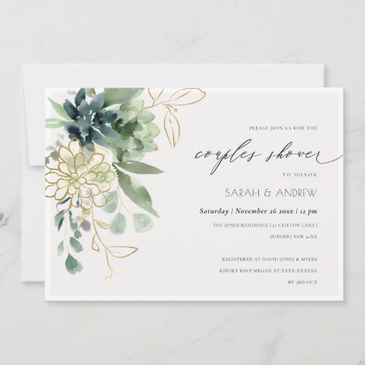 Dusky Blue Succulent Foliage Couples Shower Invite Bedankkaart (Voorkant)