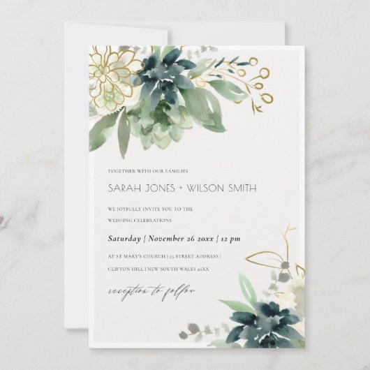 Dusky Blue Succulent Foliage Wedding Invite Bedankkaart (Voorkant)