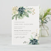 Dusky Blue Succulent Foliage Wedding Invite Bedankkaart (Staand voorkant)