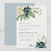 Dusky Blue Succulent Foliage Wedding Invite Bedankkaart (Voorkant / Achterkant)