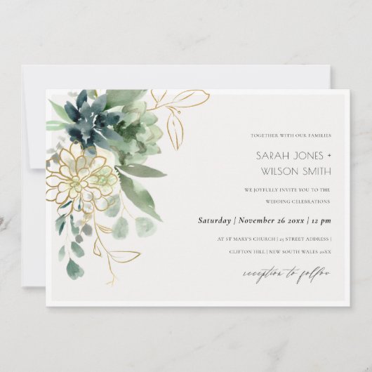 Dusky Blue Succulent Foliage Wedding Invite Bedankkaart (Voorkant)