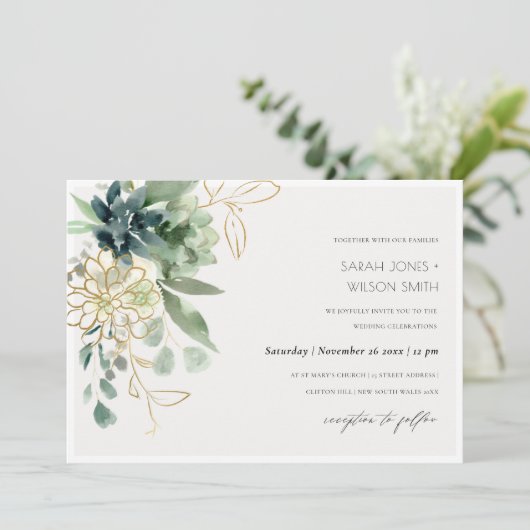 Dusky Blue Succulent Foliage Wedding Invite Bedankkaart (Staand voorkant)