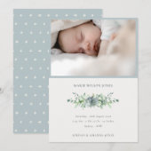 Dusky Blue Succulent Photo Baby Birth Announement Bedankkaart (Voorkant / Achterkant)