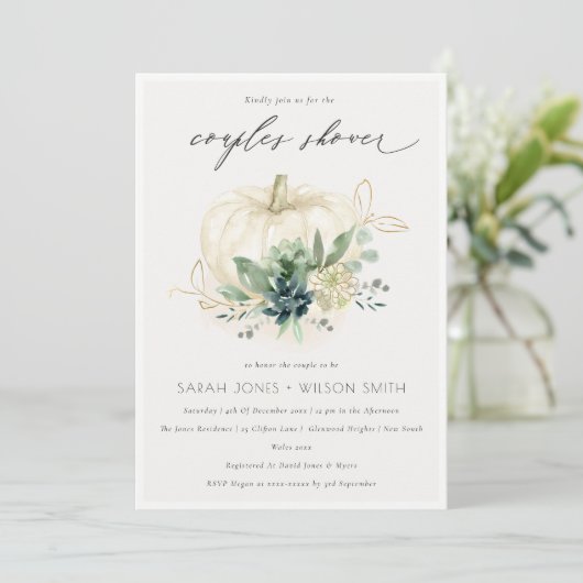 Dusky Blue Succulent Pumpkin Couples Shower Invite Bedankkaart (Staand voorkant)