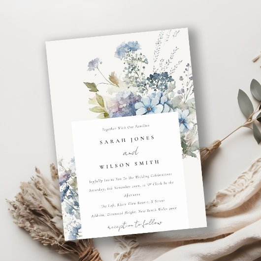 Dusky Blue Waterverf Cottage Floral Wedding Kaart
