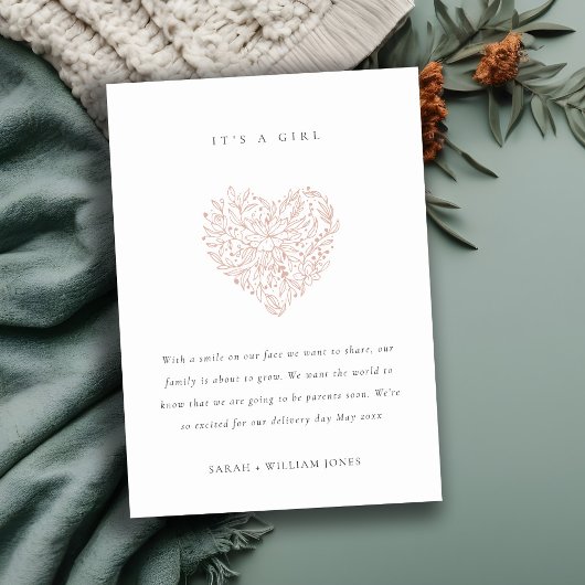 Dusky Blush Floral Heart Baby kondiging Bedankkaart