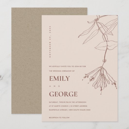 DUSKY BLUSH LINE DRAADLOOS WEDDING INVITE BEDANKKAART (Voorkant / Achterkant)