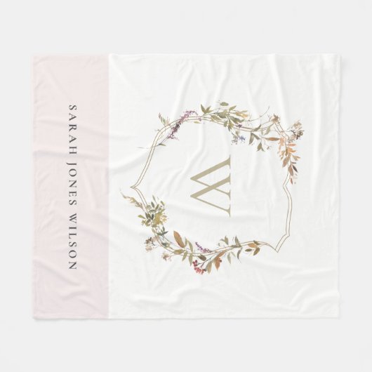 Dusky Blush Pink Wildflower Crest Monogram Fleece Deken (Voorkant (Horizontaal))