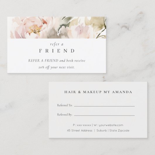 Dusky Blush Pioen Bloemen Bunch Verwijs Een Vriend Visitekaartje (Voorkant / Achterkant)