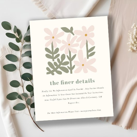 Dusky Blush Retro Minimal Floral Wedding Details Informatiekaartje