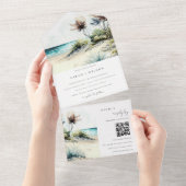 Dusky Coastal Palm Beach Seascape Wedding QR Code All In One Uitnodiging (Afscheurbaar)