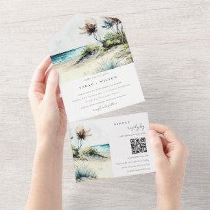 Dusky Coastal Palm Beach Seascape Wedding QR Code All In One Uitnodiging