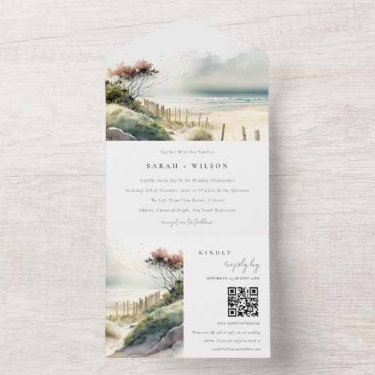 Dusky Coastal Sand Beach Seascape Wedding QR Code All In One Uitnodiging (Binnen)