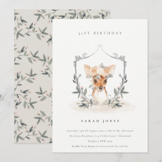 Dusky Deer Floral Crest elke zondag uitnodigen Bedankkaart (Voorkant / Achterkant)