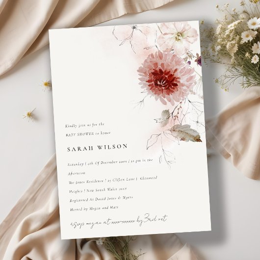 Dusky Fall Marsala Blush Bloemige Baby Shower Kaart