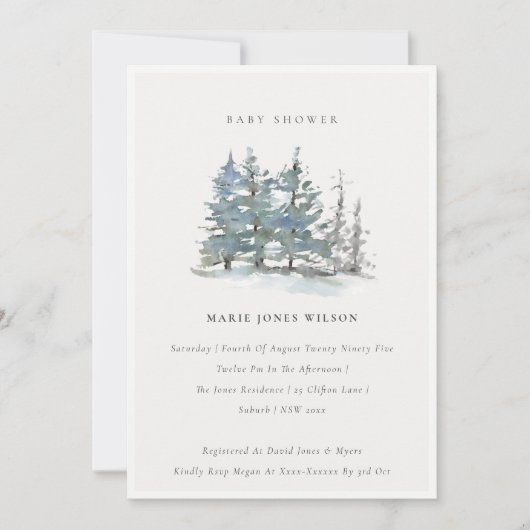 Dusky Green Blue Pine Tree Baby shower Invite Bedankkaart (Voorkant)