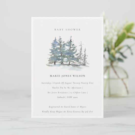 Dusky Green Blue Pine Tree Baby shower Invite Bedankkaart (Staand voorkant)