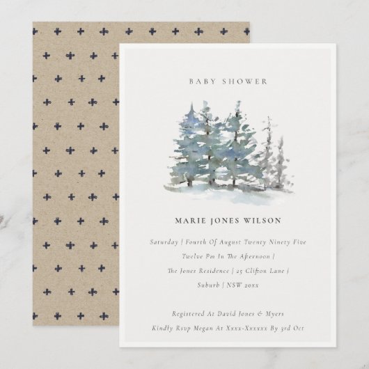 Dusky Green Blue Pine Tree Baby shower Invite Bedankkaart (Voorkant / Achterkant)