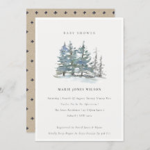 Dusky Green Blue Pine Tree Baby shower Invite
