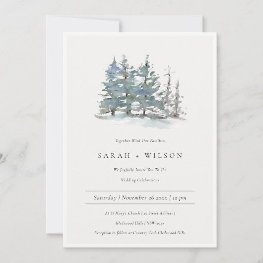 Dusky Green Blue Pine Trees Bossen Wedding Invite Bedankkaart (Voorkant)