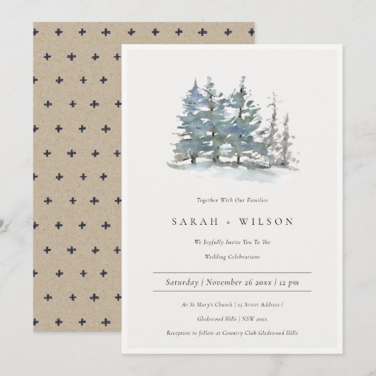 Dusky Green Blue Pine Trees Bossen Wedding Invite Bedankkaart (Voorkant / Achterkant)