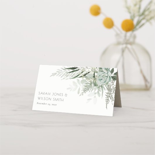 Dusky Green Leafy Fern Succulent Foliage Wedding Plaatskaartje (Voorkant)