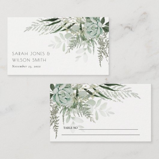 Dusky Green Leafy Fern Succulent Foliage Wedding Plaatskaartje (Voorkant / Achterkant)