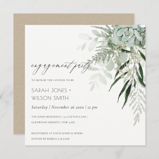 Dusky Green Leafy Fern Succulent Verloving Invite Bedankkaart (Voorkant / Achterkant)