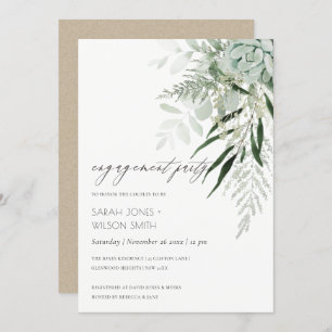 Dusky Green Leafy Fern Succulent Verloving Invite Bedankkaart