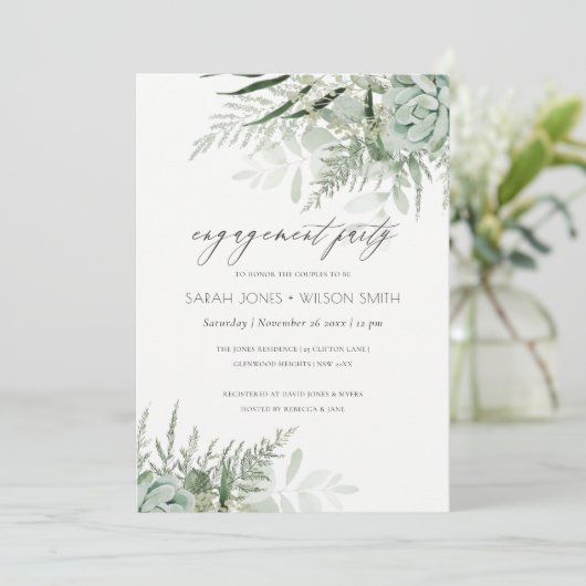 Dusky Green Leafy Fern Succulent Verloving Invite Bedankkaart (Staand voorkant)