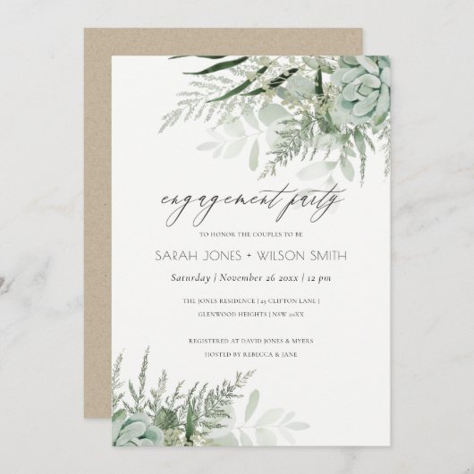 Dusky Green Leafy Fern Succulent Verloving Invite Bedankkaart (Voorkant / Achterkant)