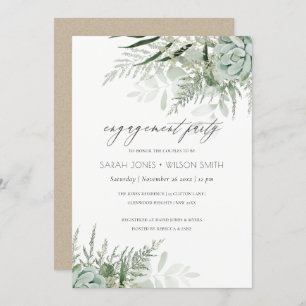 Dusky Green Leafy Fern Succulent Verloving Invite Bedankkaart