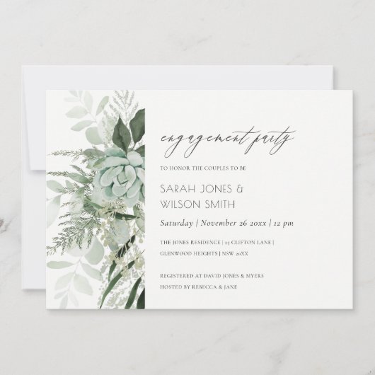 Dusky Green Leafy Fern Succulent Verloving Invite Bedankkaart (Voorkant)