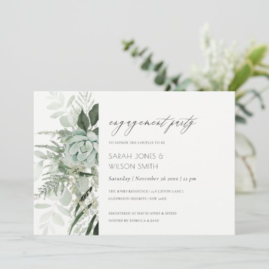 Dusky Green Leafy Fern Succulent Verloving Invite Bedankkaart (Staand voorkant)