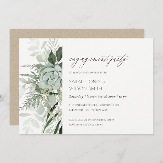 Dusky Green Leafy Fern Succulent Verloving Invite Bedankkaart (Voorkant / Achterkant)