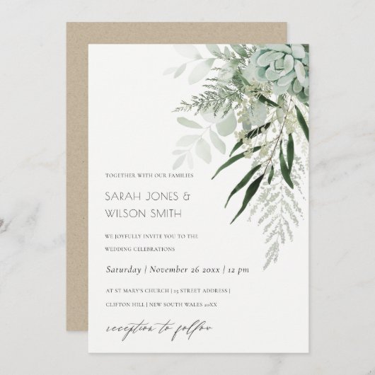 Dusky Green Leafy Fern Succulent Wedding Invite Bedankkaart (Voorkant / Achterkant)