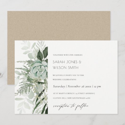 Dusky Green Leafy Fern Succulent Wedding Invite Bedankkaart (Voorkant / Achterkant)