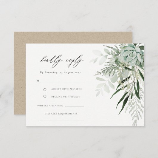 Dusky Green Leafy Fern Succulent Wedding RSVP Diet Informatiekaartje (Voorkant / Achterkant)