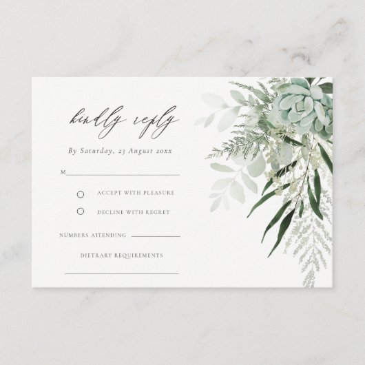 Dusky Green Leafy Fern Succulent Wedding RSVP Diet Informatiekaartje (Voorkant)