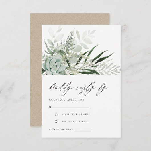 Dusky Green Leafy Fern Succulent Wedding RSVP Informatiekaartje (Voorkant / Achterkant)