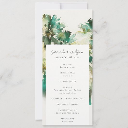 Dusky Green Tropical Palm Tree Wedding Programme Kaart (Voorkant)