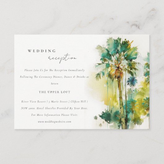 Dusky Green Tropical Palm Trees Wedding Reception Informatiekaartje (Voorkant)