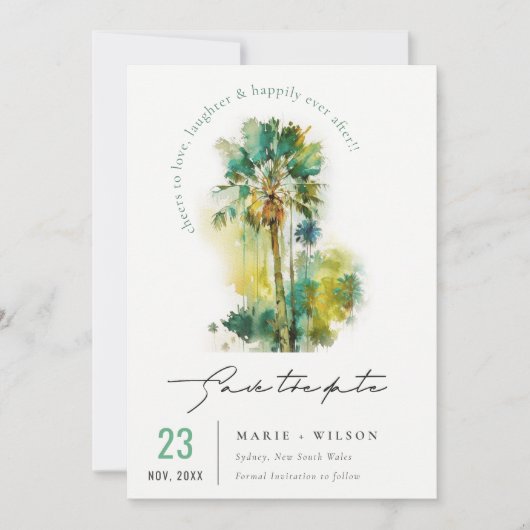 Dusky Green Tropical Waterverf Palm Trees Foto Save The Date (Voorkant)