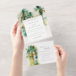 Dusky Green Tropical Waterverf Palm Trees Wedding All In One Uitnodiging