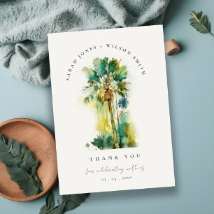 Dusky Green Tropical Waterverf Palm Trees Wedding Bedankkaart